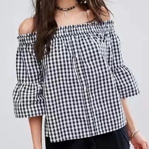 Abercrombie & Fitch Plaid Black and White Bell Sleeve Top off shoulder
